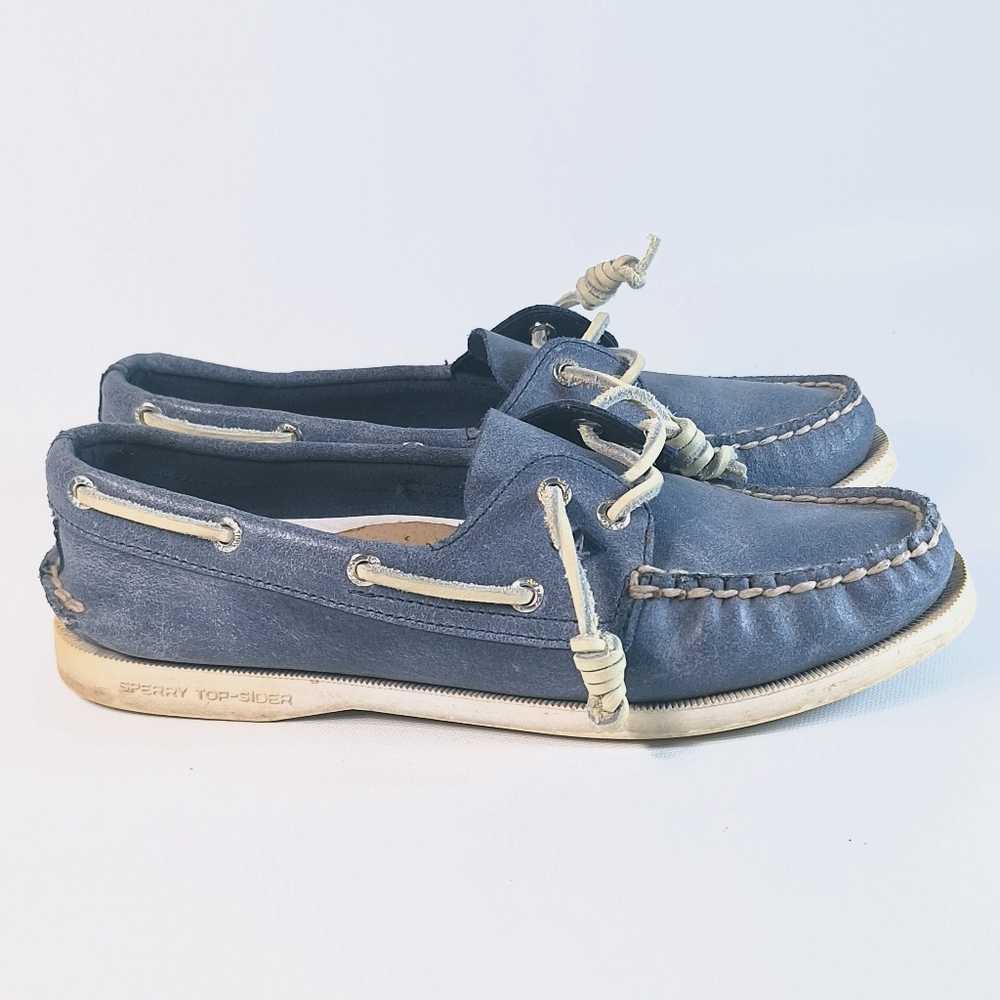 Sperry Top Siders Blue Leather Womens Boat Shoes, 7.5